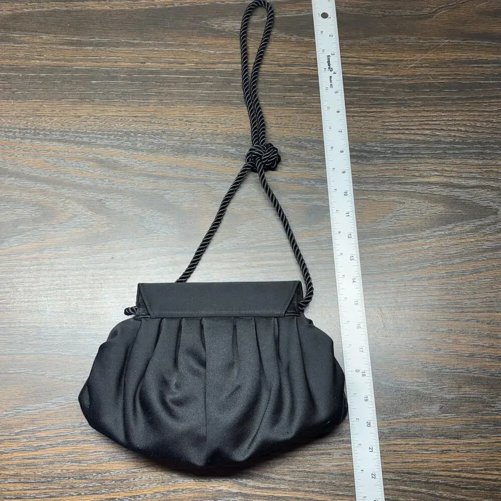 Vintage Nordstrom Black Satin Evening Purse Gold Pearl Clasp Rope Strap Hongkong